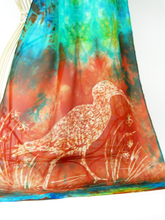 Load image into Gallery viewer, Silk Scarf The Curlew Earthy Red and Green Aqua
