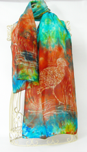 Load image into Gallery viewer, Silk Scarf The Curlew Earthy Red and Green Aqua
