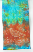 Load image into Gallery viewer, Silk Scarf The Curlew Earthy Red and Green Aqua
