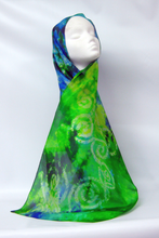 Load image into Gallery viewer, silk_scarf_on_mannequin_in_shades_of_green_and_blue
