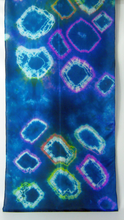 Load image into Gallery viewer, silk_panal_showing_section_of_light_weight_silk_scarf_aurora_like_design_in_dark_blue_white_and_yellows_pinks_purples_and_blue
