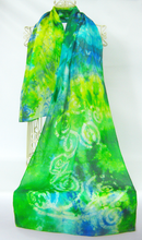 Load image into Gallery viewer, A_light_weight_silk_scarf_in_vibrant_greens_lemons_and_blues_with_hand_painted_Celtic_design_free_shipping_in_Ireland_made_locally_In_County_Monaghan
