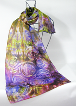 Load image into Gallery viewer, Silk Scarf Hand Painted Lilac and Greeny Gold Celtic
