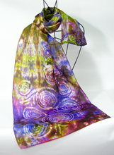 Load image into Gallery viewer, Silk Scarf Hand Painted Lilac and Greeny Gold Celtic
