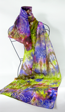 Load image into Gallery viewer, Silk Scarf Hand Painted Lilac and Greeny Gold Celtic

