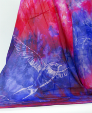 Load image into Gallery viewer, silk_scarf_with_wax_drawing_of_swallow_blues_and_pinks
