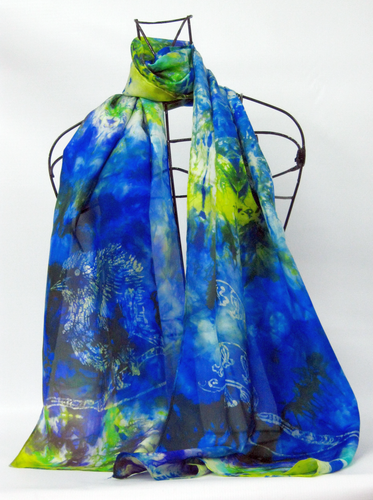 hand_painted_silk_scarf_in_shades_of_blue_Yellow_green_with_flashes_of_violet