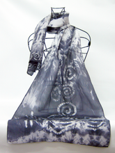 Load image into Gallery viewer, Silk Scarf Hand Painted Grey and White Spirals
