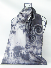 Load image into Gallery viewer, Silk Scarf Hand Painted Grey and White Spirals
