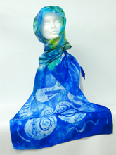 Load image into Gallery viewer, A Hand Painted Silk Scarf Blue Children of Lir
