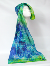 Load image into Gallery viewer, Silk Scarf Blue Green Celtic
