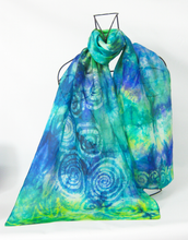Load image into Gallery viewer, Silk Scarf Blue Green Celtic
