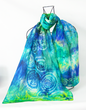 Load image into Gallery viewer, Silk Scarf Blue Green Celtic
