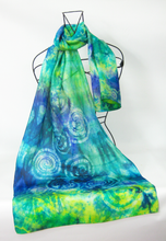 Load image into Gallery viewer, Silk Scarf Blue Green Celtic
