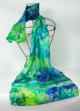 Load image into Gallery viewer, Silk Scarf Blue Green Celtic
