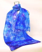 Load image into Gallery viewer, Silk Scarf Blue and Purple Spirals
