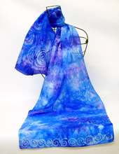 Load image into Gallery viewer, Silk Scarf Blue and Purple Spirals
