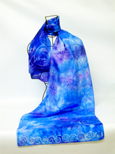 Load image into Gallery viewer, Silk Scarf Blue and Purple Spirals

