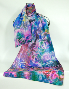 A Hand Painted Silk Scarfl Celtic Teal Flower Garden