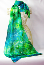 Load image into Gallery viewer, Hand Painted Silk Scarf Emerald Spiral
