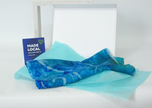 Load image into Gallery viewer, Silk Scarf Fringed Celtic Fish in Aqua and Teal
