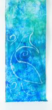 Load image into Gallery viewer, Silk Scarf Fringed Celtic Fish in Aqua and Teal
