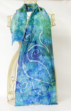 Load image into Gallery viewer, Silk Scarf Fringed Celtic Fish in Aqua and Teal
