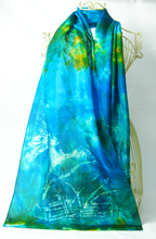 Load image into Gallery viewer, A_silk_scarf_hand_dyed_and_painted_to_create_a_unique_piece_of_wearable_art
