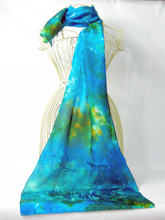 Load image into Gallery viewer, Silk Habotai Scarf Kingfisher Blue Hand Painted by Louise
