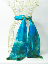 Load image into Gallery viewer, a_silk_scarf_with_wax_drawing_of_kingfisher_a_perfect_gift_idea_for_big_birthdays_retirements_and_anniversaries
