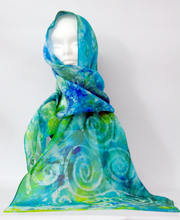 Load image into Gallery viewer, Silk Scarf Light Weight Celtic Aqua Greens
