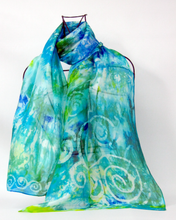 Load image into Gallery viewer, Silk Scarf Light Weight Celtic Aqua Greens
