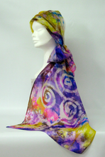 Load image into Gallery viewer, hand_painted_silk_scarf_with_spiral_design_washes _of_lilac_yellow_and_pink
