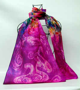 Silk Scarf Light Weight Swans Fuschia Garden