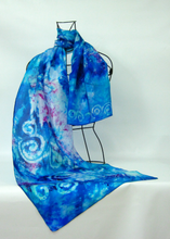 Load image into Gallery viewer, Silk Scarf Light Weight Turquoise Blue Spirals

