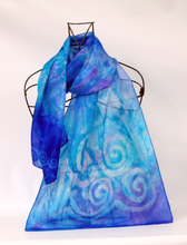 Load image into Gallery viewer, Silk Scarf Light Weight Blue Aqua Lilac Celtic
