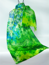 Load image into Gallery viewer, Silk Habotai Scarf The Green Finch Blue Skies
