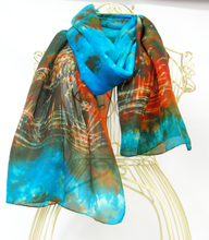 Load image into Gallery viewer, A Silk Scarf Light Weight The Rustic Curlew Aqua Copper
