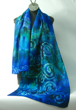 Load image into Gallery viewer, a_long_silk_shawl_with_celtic_design_done_n_the_art_of_batik_creating_on_off_scarf_that_is_made_locally_perfect_big_birthday_gift
