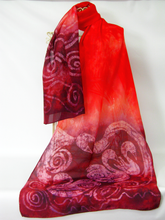 Load image into Gallery viewer, Large Silk Shawl The Children of Lir in Burgundy and scarlet
