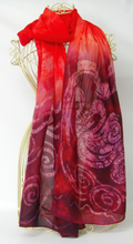 Load image into Gallery viewer, Large Silk Shawl The Children of Lir in Burgundy and scarlet
