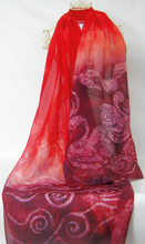 Load image into Gallery viewer, Large Silk Shawl The Children of Lir in Burgundy and scarlet
