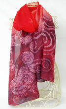 Load image into Gallery viewer, Large Silk Shawl The Children of Lir in Burgundy and scarlet

