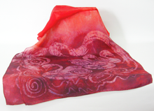 Load image into Gallery viewer, Large Silk Shawl The Children of Lir in Burgundy and scarlet

