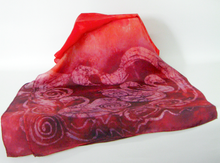 Load image into Gallery viewer, Large Silk Shawl The Children of Lir in Burgundy and scarlet
