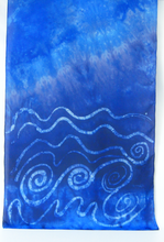 Load image into Gallery viewer, One_side_of_silk_shawl_with_celtic_design_representing_water_for_the_Children_of_Lir_scarf
