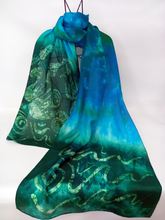 Load image into Gallery viewer, Large Silk Habotai Shawl Dark Green Turquoise Swans
