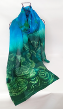 Load image into Gallery viewer, Large Silk Habotai Shawl Dark Green Turquoise Swans
