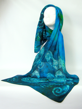 Load image into Gallery viewer, Silk_shawl_displayed_on_a_white_mannequinn_creating_a_dramatic_alternative_way_to_wear_the_scarf
