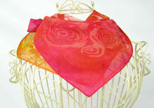 Load image into Gallery viewer, Reddy_pink_orange_bandana_neck_silk_scarf_with_swan_and_Celtic_design
